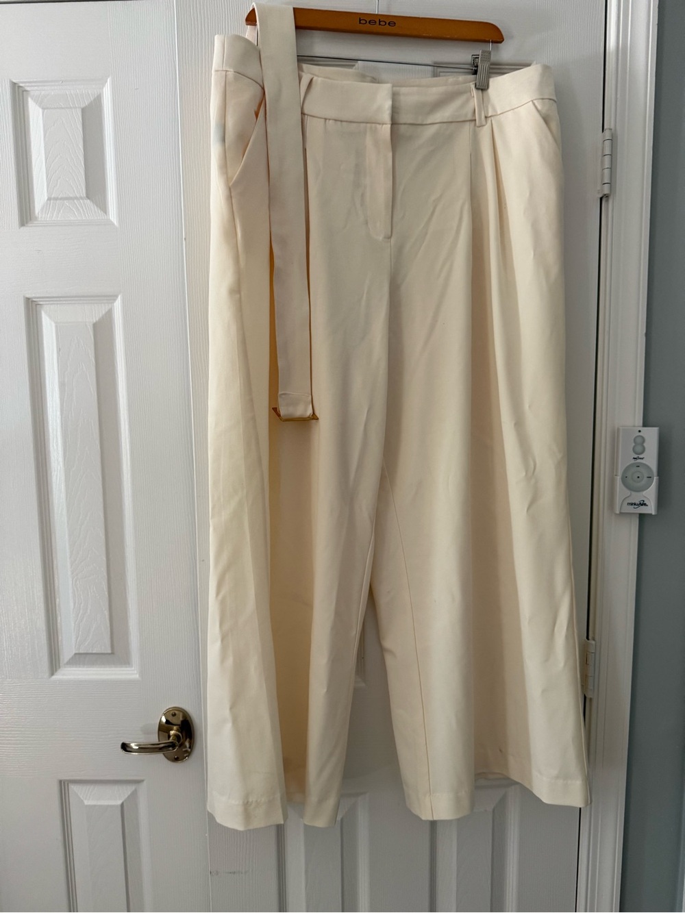 New York & Company Cream Wide-Leg Belted Trousers